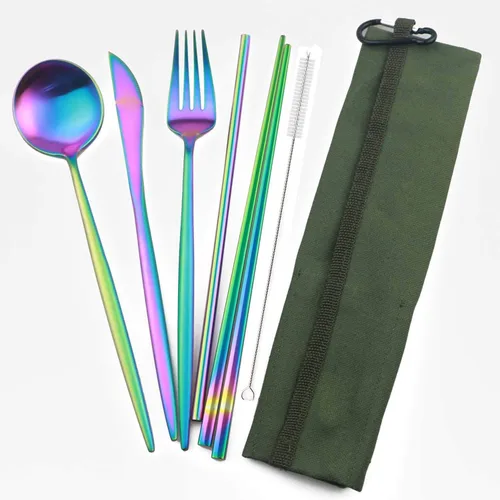 Miniatura 6 de Juego de 6 cubiertos portátiles de acero inoxidable 304, tenedor, cuchara, palillos, pajita de metal, cepillo de limpieza, juego de cubiertos
