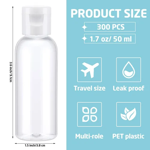Miniatura 2 de Maxdot 300 botellas vacías de desinfectante de manos de 1.7 onzas/1.7 fl oz, botellas recargables de plástico con tapa abatible, mini recipientes