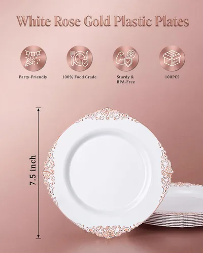 Miniatura 5 de Morejoy 100 platos de plástico, desechables, platos de postre de oro blanco y rosa de 7.5 pulgadas para bodas, fiestas y duchas rosa y oro