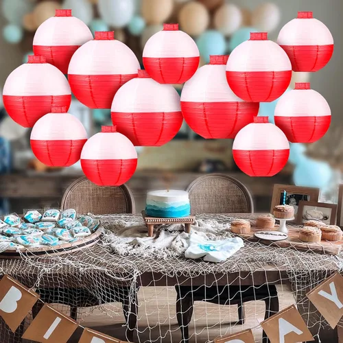 Miniatura 3 de Faroles de papel de pesca Bobber redondos, 12 linternas de papel colgantes rojas y blancas para pescadores, suministros de decoración de fiestas