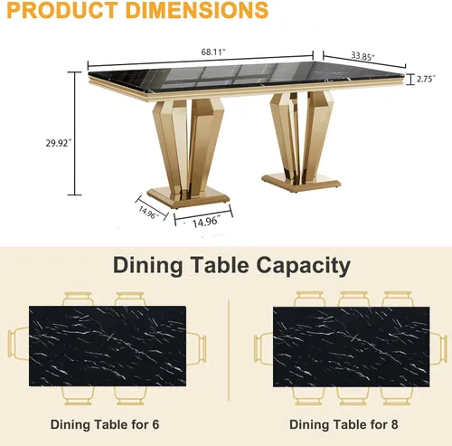 Miniatura 7 de Mesa de comedor de mármol negro para 4, 6, 70 pulgadas, moderna mesa de comedor de cocina dorada con base de acero inoxidable con diseño