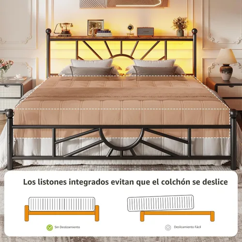 Miniatura 5 de Homkdom Marco de cama de plataforma de metal tamaño Queen de 14 pulgadas con cabecero, marco de cama victoriano Queen con almacenamiento debajo