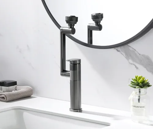 Miniatura 5 de Pistola de grifo de baño giratoria de 1080 grados, grifo de lavabo gris, 1 mango, rociador de ángulo grande, extensor de boquilla de aireador Gris