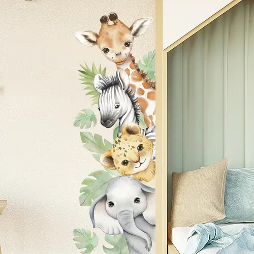 Miniatura 12 de Calcomanías de pared de animales de acuarela de 56.29 x 44.88 pulgadas, calcomanías de animales de selva, tigre, elefante, cebra, jirafa, mono