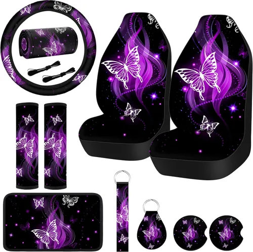 Miniatura 9 de Frienda 10 Piezas Fundas de Asiento de Automóvil para Mujeres Accesorios Interiores Fundas de Asiento con Funda para Volante, Correa de Muñeca