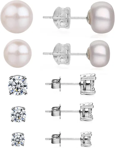 Miniatura 2 de Aretes de plata de ley 925 con circonita cúbica para mujeres y hombres, juego de aretes de perlas cultivadas en agua dulce natural, hipoalergénicos