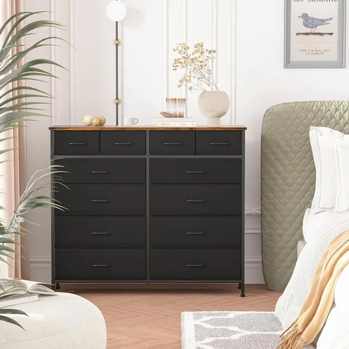 Miniatura 2 de VASICAR Cómoda para dormitorio con 12 cajones, cómoda alta de tela, cómoda compacta para armario, guardería, mesita de noche, sala de estar, Negro