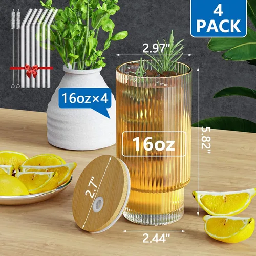 Miniatura 2 de CWHHRN Juego de 4 tazas de vidrio acanalado de 16 onzas con tapas y pajitas, cristalería vintage para whisky, cóctel, cerveza, tazas de café helado
