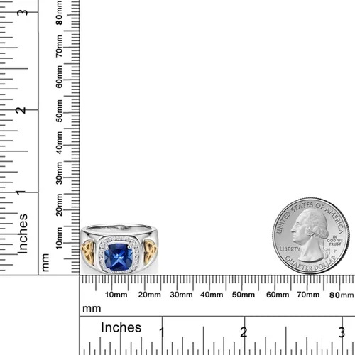 Miniatura 3 de Gem Stone King Anillo de plata 925 y oro amarillo de 10 quilates para hombre con zafiro y diamantes blancos cultivados en laboratorio