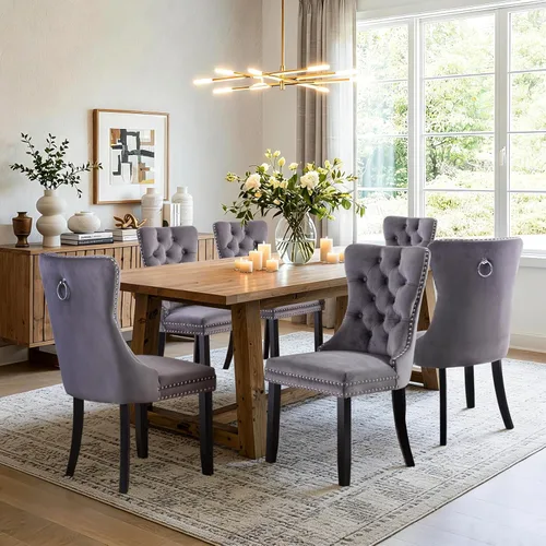 Miniatura 107 de SoarFlash Juego de 2 sillas de comedor de tela de lino, sillas de comedor tapizadas con ribete de cabeza de clavo y patas de madera de color claro