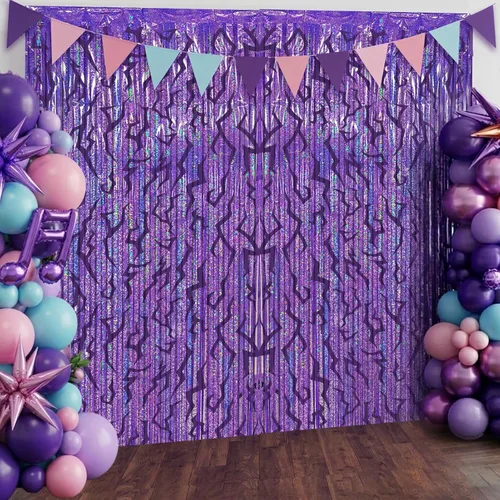 Miniatura 37 de Paquete de 4 cortinas de flecos de papel de aluminio negro, fondo de oropel metálico con purpurina para cumpleaños, bodas, despedidas de soltera