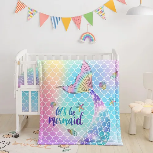 Juego de ropa de cama de 3 piezas para cuna con edredón, sábana y falda, estampado de mariposas en acuarela para bebés niños y niñas (sirena