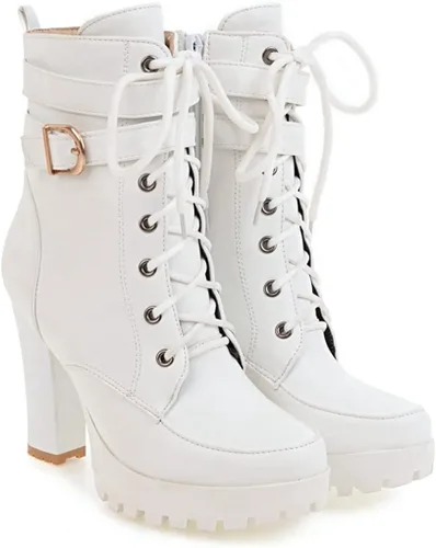 Miniatura 2 de MIOKE Botines elegantes con plataforma de punta redonda para mujer, con cordones, cierre de cremallera, tacón alto, botines cortos