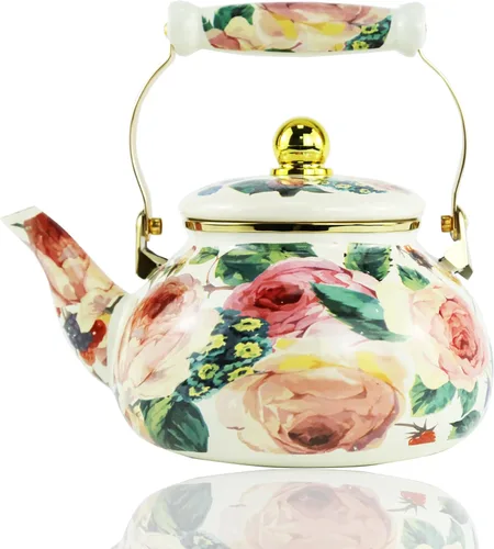 Hervidor de té esmaltado floral vintage, acuarela, rosas, bohemio, tetera de porcelana de 2.5 litros con mango de cerámica para estufa, cocina,