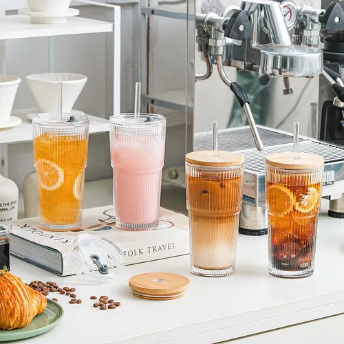 Miniatura 2 de SoulTimes Juego de 2 vasos de vidrio acanalados y florales de 20 onzas, vasos de vidrio reutilizables con tapa y popote de vidrio, tazas de café