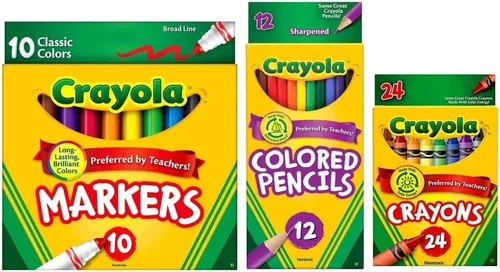 Crayola Paquete clásico: 3 artículos - Crayones (24 unidades), marcadores de línea ancha (10 unidades), lápices de colores (12 unidades)
