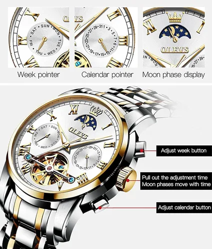 Miniatura 5 de OLEVS Relojes automáticos para hombre diseño de esqueleto Tourbillon cuerda automática reloj de pulsera de lujo fase lunar fecha impermeable