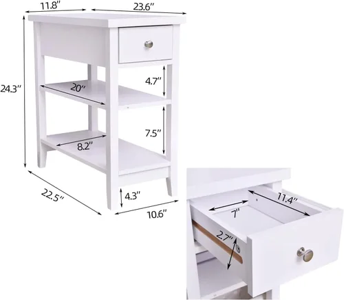 Miniatura 2 de Mesa auxiliar con cajón y estantes dobles, mesa auxiliar para sofá, mesita de noche para espacios pequeños, sala de estar, dormitorio, oficina Blanco