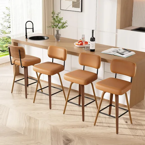 Miniatura 61 de Juego de 1 taburete de bar giratorio, taburetes de bar tapizados de 26" de altura para encimera con respaldo de nogal y patas de madera curvada