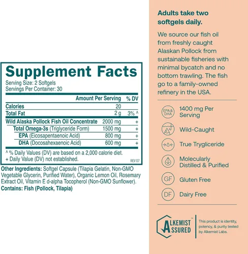 Miniatura 2 de True Grace Aceite de pescado omega-3 - 60 cápsulas blandas - 1400 mg de EPA + DHA - Salud cerebral, cardíaca, articular e inmunológica - Orgánico