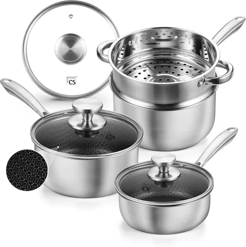 Miniatura 12 de KOCH SYSTEME CS Juego de cacerolas híbridas antiadherentes de acero inoxidable, 1QT y 2QT Juego de cacerolas de acero inoxidable triple capa