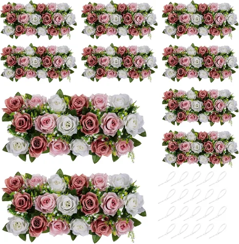 Miniatura 14 de NUPTIO Centros de mesa de flores artificiales para mesas, 6 unidades, color borgoña, rosa polvorienta y blanco cremoso, arreglos de rosas falsas