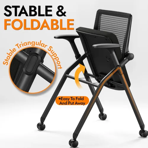 Miniatura 10 de Juego de 2 sillas de oficina plegables con ruedas de PU, malla ergonómica con respaldo elástico, silla apilable para sala de conferencias, silla
