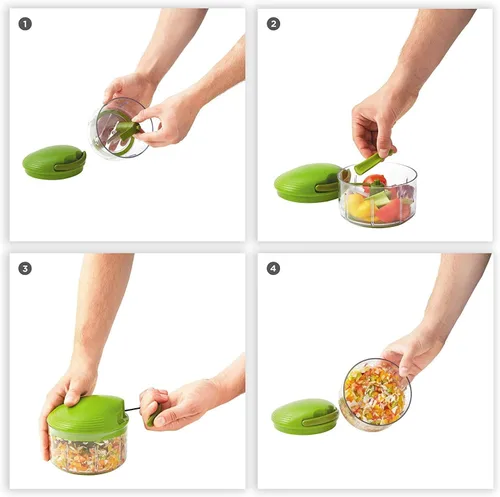 Miniatura 3 de Kuhn Rikon Cortador de tracción manual/procesador de alimentos manual con mecanismo de cordón, verde, 2 tazas