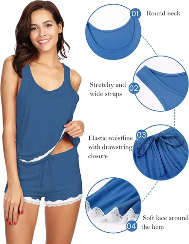 Miniatura 4 de WiWi Bamboo Viscose Pajamas for Women Soft Sleeveless Tank Top with Shorts Pajama Sets Scoop Neck Lace Hem Sleepwear S-4X