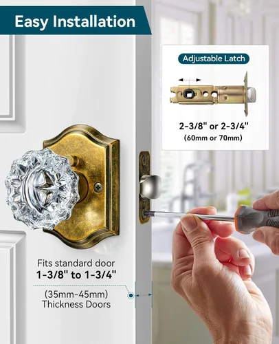 Miniatura 7 de Pomos de puerta de cristal para interiores, pomos de puerta de cristal de latón envejecido con cerradura para uso de privacidad, pomos de puerta