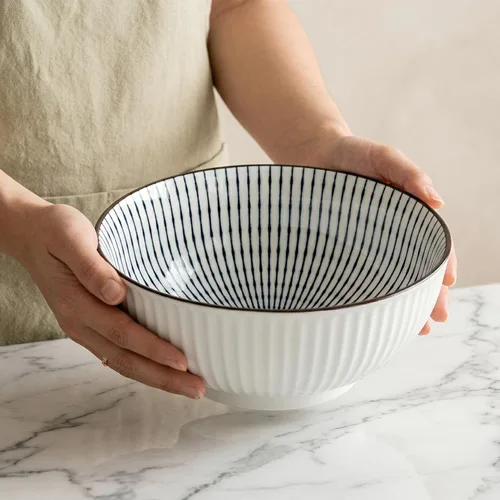 Miniatura 8 de QINLANG Juego de 3 cuencos grandes de sopa Pho & Ramen, 60 onzas, cuencos grandes de porcelana azul y blanca, patrón a rayas