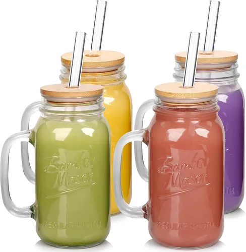 Miniatura 12 de ANOTION Vasos para beber Mason Jar – Frascos Mason Jar de vidrio de 16 onzas con tapas y pajitas, taza de café helado, botellas de jugo Mason Jar