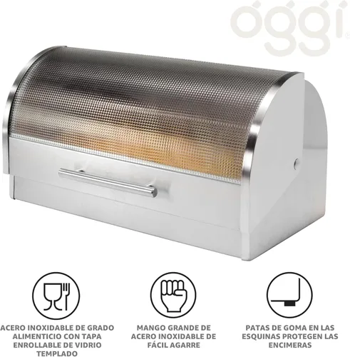 Miniatura 5 de Oggi Panera con tapa enrollable de acero inoxidable para encimera de cocina con tapa de vidrio templado - Se adapta a múltiples hogazas grandes