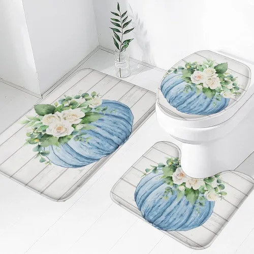 Miniatura 7 de Juego de 3 alfombras de baño de calabaza de otoño con diseño de búfalo naranja, hojas de arce, cosecha de Acción de Gracias, suave, antideslizante
