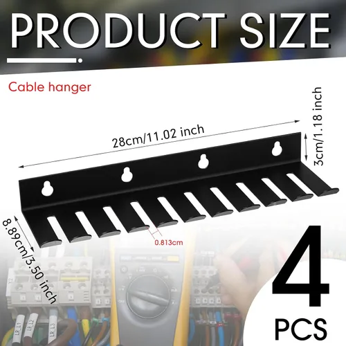 Miniatura 2 de Beeveer Organizador de cables para montaje en pared, 4 unidades, color negro, con 10 ranuras para cables, 0.32 pulgadas de ancho para organizar