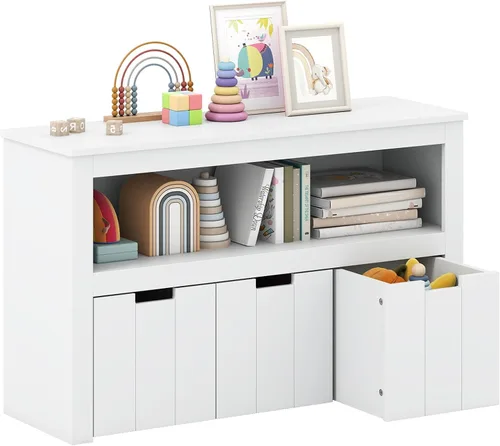 Miniatura 12 de HONEY JOY Organizador de almacenamiento de juguetes para niños, estante de guardería para niños, 3 cajas de juguetes de madera con ruedas, armario