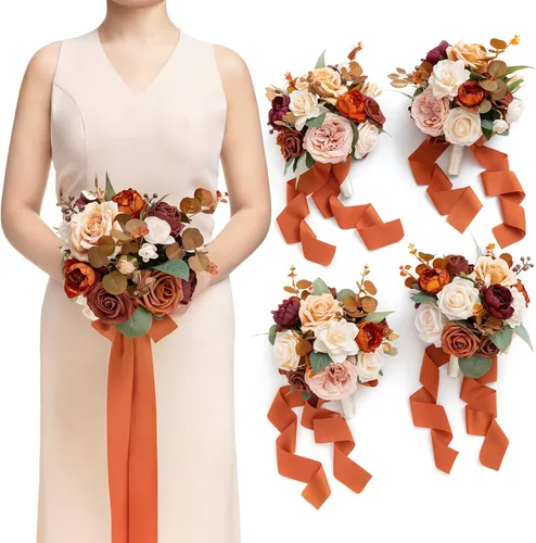 Miniatura 27 de Ling's moment Flores Artificiales Ramo de Damas de Honor Naranja Quemado Juego de 4, Ramos de Flores de Boda para Damas de Honor, Ramos Nupciales