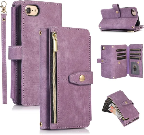 Miniatura 22 de UEEBAI Funda tipo cartera para iPhone SE 2022 5G/iPhone 7/iPhone 8/iPhone SE 2020, retro con 9 ranuras para tarjetas, bolsillo con cremallera, funda