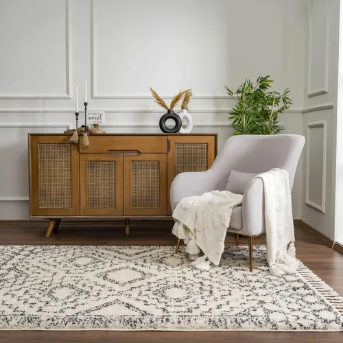 Miniatura 25 de Hauteloom, Duncans - Alfombra de estilo granja de pelo mullido para sala y dormitorio, con borlas - Beige, carbón, gris - 2 pies 7 pulgadas x 7 pies