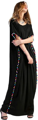 Miniatura 4 de Floerns Maxivestido caftán holgado con cuello redondo y ribete de pompón para mujer