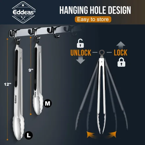 Miniatura 7 de Eddeas Pinzas de cocina – Pinzas de 9 y 12 pulgadas para cocinar, pinzas de metal de acero inoxidable de 600 grados resistentes al calor y mango