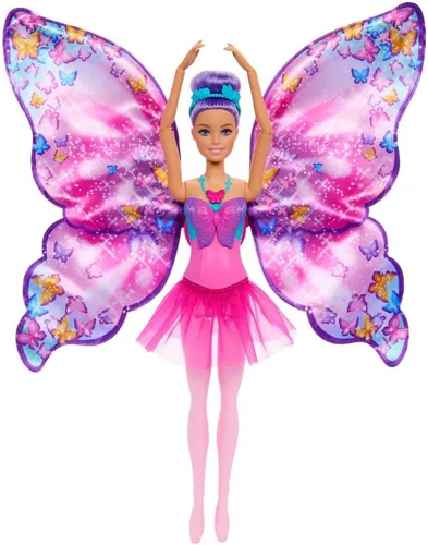 Miniatura 2 de Barbie Muñeca Dance and Flutter con transformación 2 en 1 de bailarina a mariposa con alas de apertura, cabello morado, tocado y tutú extraíble