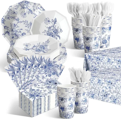 Dandat 402 piezas de juego de vajilla desechable con flores azules para servir a 50 personas, decoración para baby shower, decoración para despedida