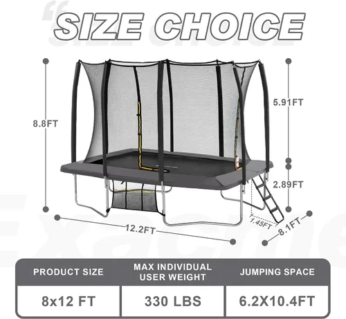 Miniatura 5 de Exacme Trampolín rectangular de 7 x 10, 8 x 12, 9 x 14 pies, para niños, dobles aberturas de cerramiento, trampolín rectangular pequeño para Gris