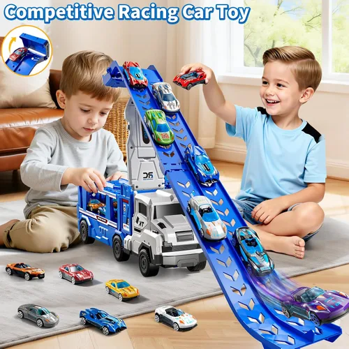 Miniatura 4 de Juego de camiones de transporte para niños de 3 en 1 con pistas de juguetes para niños de 2 a 4 años con 12 juguetes de autos de carreras, pista