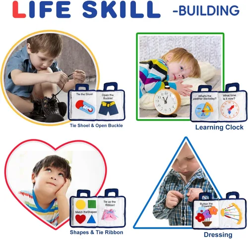 Miniatura 5 de Jollybaby Libros suaves y ocupados de 10 páginas, mi libro tranquilo, juguete de viaje y educación sensorial Montessori, juguete de actividades
