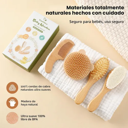 Miniatura 4 de Yoofoss Juego de 4 piezas de cepillo y peine para bebé, cepillo de madera para bebé con pelo de cabra ultra suave natural, cepillo de pelo para bebé