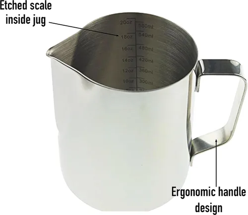 Miniatura 5 de Jarra de leche barista de 20 onzas para máquina de café, jarra de espuma de leche, vaporizador de metal, ideal para vaporizar leche de acero