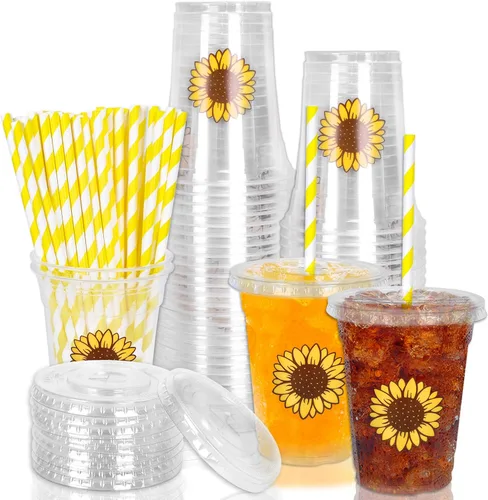 Miniatura 35 de Whaline 50 vasos de plástico desechables patrióticos de 12 onzas con tapas y pajitas con la bandera estadounidense del 4 de julio, vasos