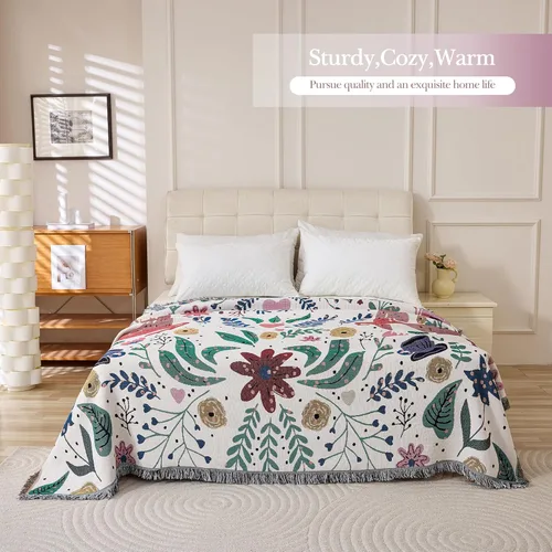 Miniatura 4 de VANJOROY Cobija fina bohemia, 100% algodón tejido a mano sudoccidental con decoración floral de granja reversible, cobija para todas las estaciones